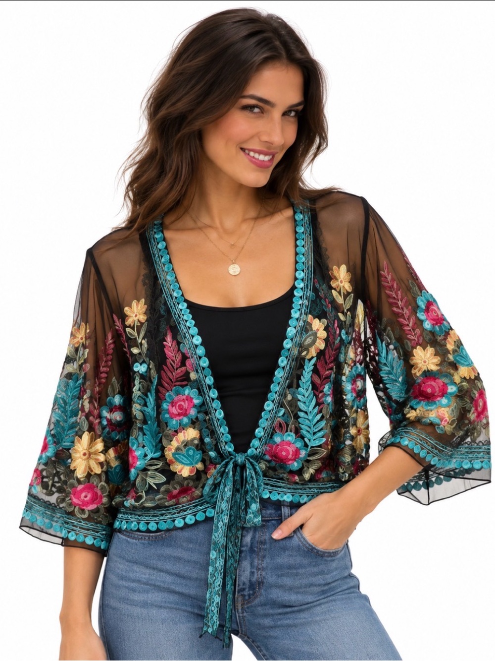 Rachel Zoe Sheer Floral Embroidered Mesh Tie Front Topper Kimono Jacket OS
